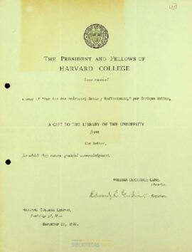 Agradecimientos de William Coolidge Lane de la Biblioteca Universitaria de Harvard a Enrique Molina Garmendia
