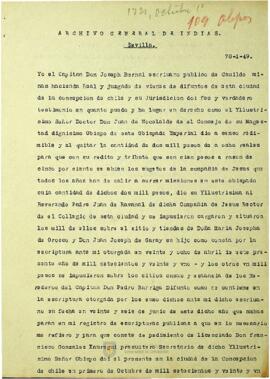 Testimonio de José Bernal, escribano y notario, por un dinero del Obispo