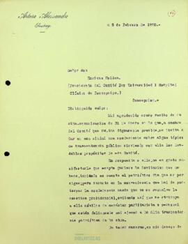 Carta de confirmación de conferencia de Arturo Alessandri en Concepción