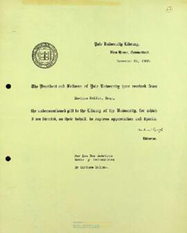 Agradecimientos a Enrique Molina por parte de la Biblioteca de la Universidad de Yale
