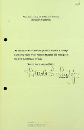 Agradecimientos a Enrique Molina por donación a la Biblioteca de la Universidad de California.