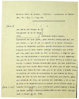 Con carta del Obispo de Concepción. Jerónimo Pietas y Garcés le informa su opinión al Rey sobre los dichos de Julián de Macé en relación con las misiones a los pueblos Puelches y Pehuenches