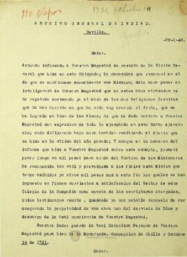 El obispo de Concepción da cuenta al Rey como tiene ya impuestos dos mil pesos a senso para que con sus reditos se financien los dos religiosos que irán anualmente a una misión en este obispado