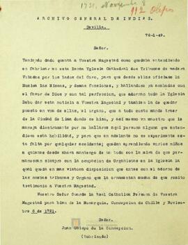 El obispo le informa al Rey sobre la construcción de dos tribunas en la catedral y la adquisición de un nuevo órgano