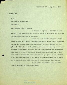 Agradece carta y saludos de amistad de Carlos Ibáñez del Campo