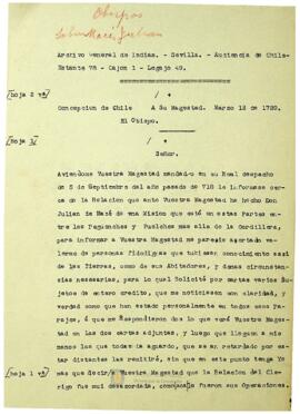 Respuesta del obispo de Concepción al Rey, de un informe sobre Julián de Macé, van adjuntas las dos transcripciones anteriores de Jerónimo Pietas y Garcés y del padre Juan Bernardo Bel