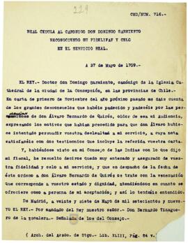 Real Cédula al canónigo don Domingo Sarmiento reconociendo su fidelidad y celo en el servicio real