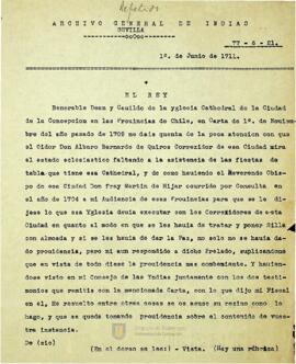 Carta del Rey al Dean y Cabildo de la Catedral de Concepción por problemas con el oidor Don Álvaro Bernardo de Quiroz
