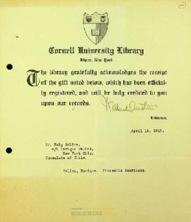 Agradecimiento de la biblioteca de la Universidad de Cornell a don Enrique Molina por la donación de libro de su autoría.