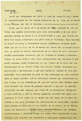 Carta del Gobernador de Chile D. José de Garro a S.M. sobre la transportación de los indios naturales de la isla de la Mocha a las riberas del río de Bio-bío