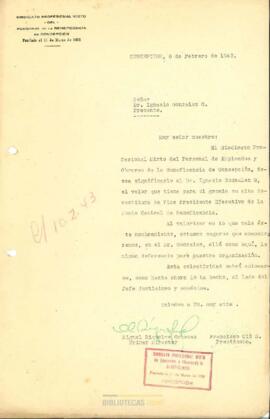 Carta de felicitación del Sindicato Profesional Mixto del Personal de Empleados y Obreros de la Beneficencia de Concepción a Ignacio González G. por su nombramiento