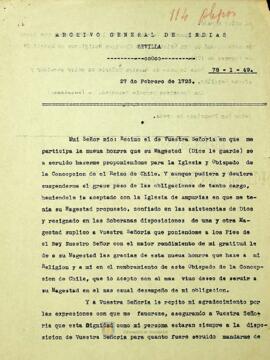 Copia de una carta escrita por Francisco Antonio Escandón al Papa Inocencio XII, donde acepta el puesto de obispo de Concepción. Firma al final Francisco de Arana