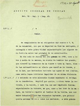 El obispo de Concepción informa al Rey sobre el temblor ocurrido en Concepción el 8 de Julio de 1730