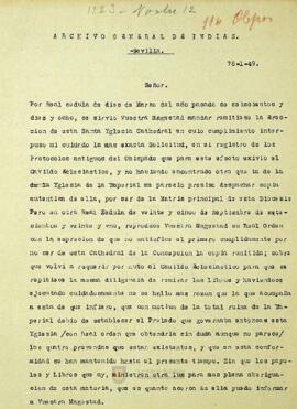 Carta escrita por Juan de Necolalde, en relación con la petición de enviar al Rey la Erección de la Catedral de Concepción, donde informa su teoría por la cual esta erección no aparece