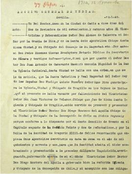 Auto para averiguar e informar sobre la forma de actuar de Don Diego Montero de Águila en su calidad de Obispo de Concepción, con la finalidad de que el Rey admita su nombramiento como nuevo Obispo de Trujillo