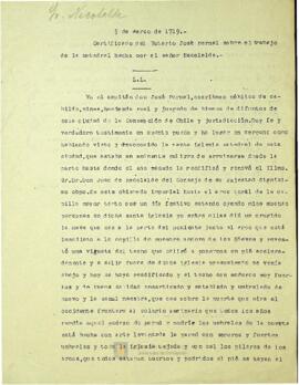 Carta escrita por Julián de Macé al Obispo de Concepción para que le pida al Rey se prepare una nueva misión por la conversión de Pehuenches y Puelches asentados en la cordillera