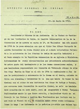 El rey informa a la Audiencia de Santiago de Chile sobre la carta del Dean y el Cabildo de la Catedral de Concepción donde se mencionan los problemas con el oidor don Álvaro Bernardo de Quiróz