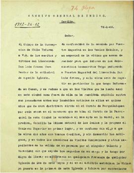 El Obispo de la Concepción de Chile informa a V.M. de los méritos y títulos del Licenciado Don Luis Franco, cura rector de la catedral de aquella iglesia